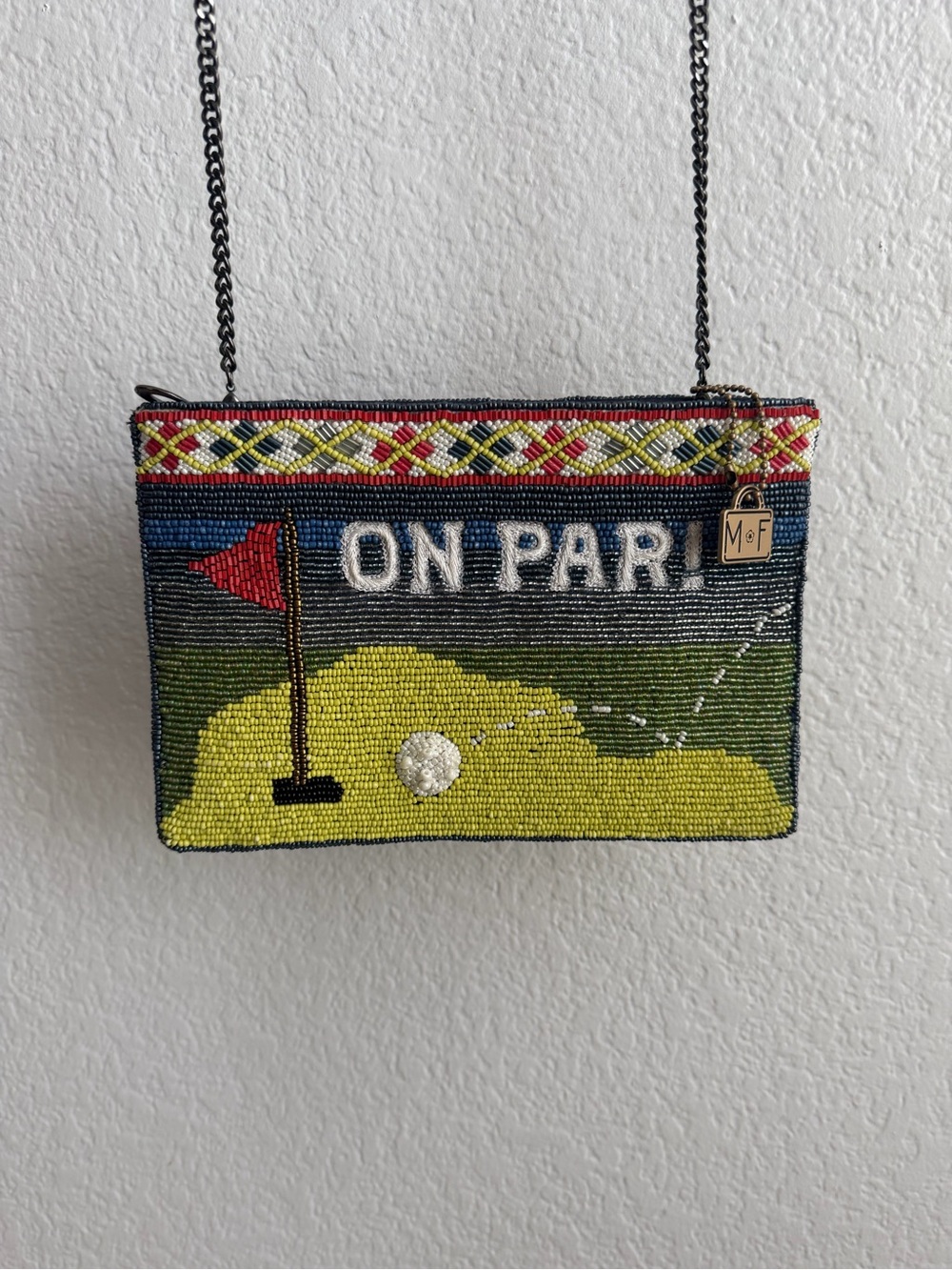 Mary Frances On Par Beaded Golf Crossbody Bag Chain Strap Zip Top